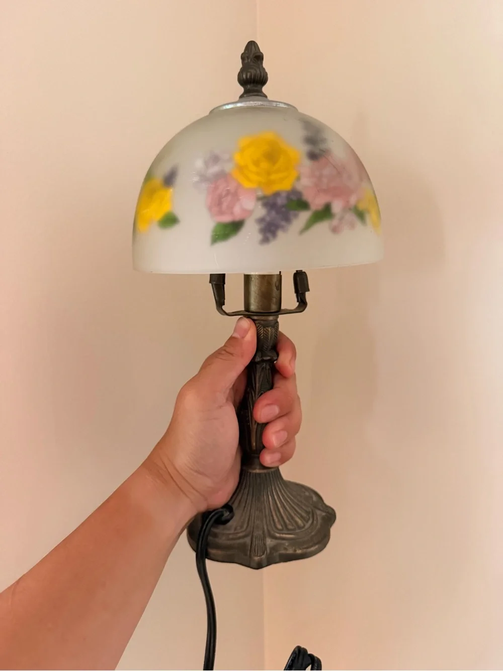 Hand-Painted Floral Frosted Glass Table Lamp - Yellow & Pink
